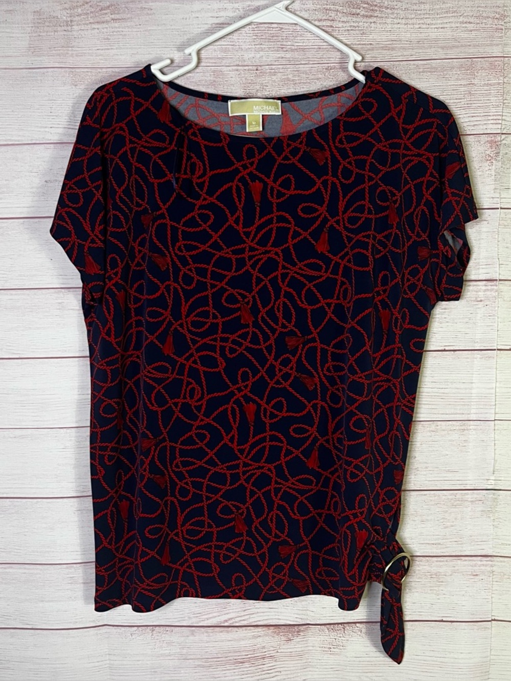 Michael‎ Michael Kors Blue Red Rope Pattern Side Knot Detail Top Size Medium